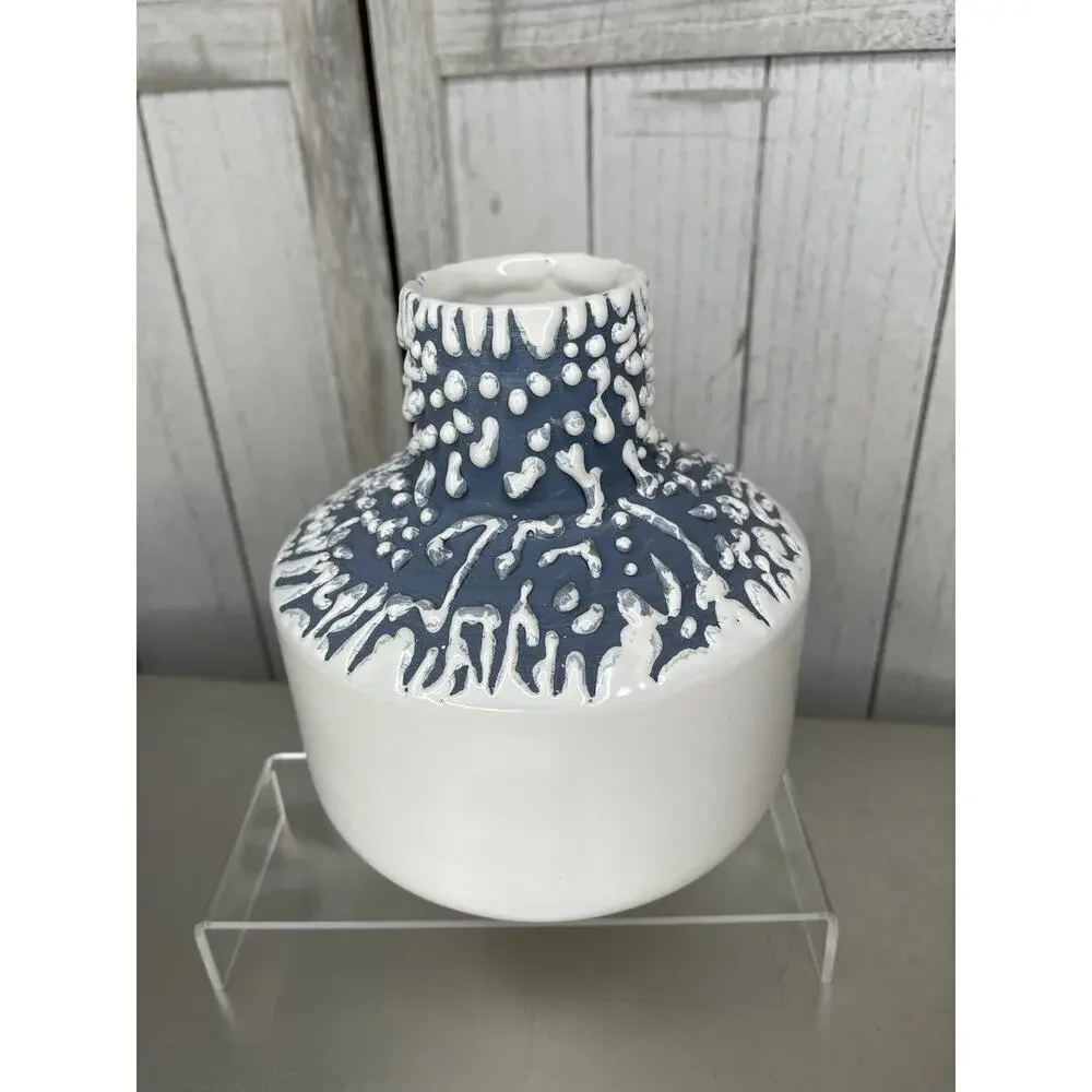 Crate & Barrel White and Blue Textured Drip Ceramic Vase Nautical Decor Portugal